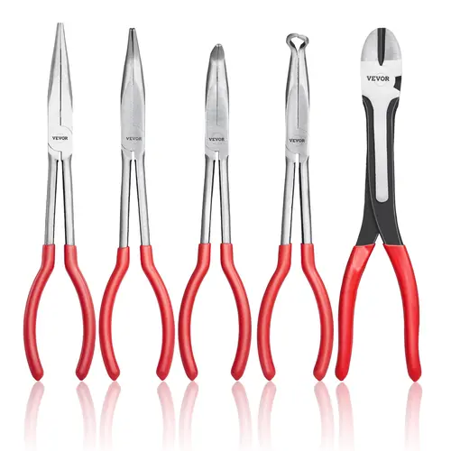 【toolupgrade】VEVOR 5-Piece Needle Nose Pliers, 11 in Long Needle Nose Pliers Set, Diagonal Cutting Pliers, 45°/ 90° Bent Nose Plier, Round Nose Plier, Long Nose Plier, Professional Pliers Set with Storage Bag