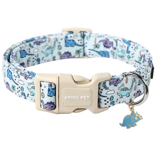 ARING PET Adjustable Dinosaur Print Spring Dog Collar - Cute Pendant, Tag Holder, Plastic Buckle Leash for Small to Large Dogs, Adjustable Collars for Daily Wear, Birthdays