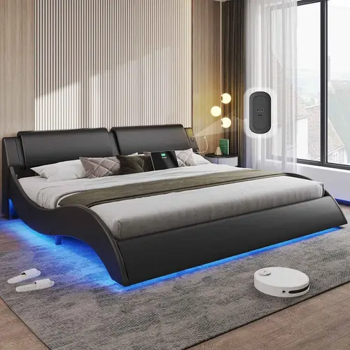 Sikaic Platform Bed Frame with Charging Ports & LED Lights, Wave Design Upholstered Headboard Bed Frame with Wood Slats Support, Modern Black Bed Frame, Easy Assembly, Home Furniture Christmas Gifts [SohoChic]