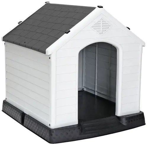 Segawe Medium Polypropylene Dog House - Single Unit Kennel with Enclosure, House-Shape Design, Weatherproof All-Season Indoor/Outdoor Sheltering Shelter, White Body, Gray Roof
