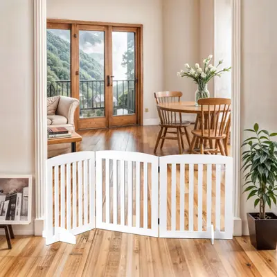 Segawe 24-Inch Wobble-Free Folding MDF Wood Pet Gate - 3-Panel Portable Puppy Pen, Puppy Exercise Pen with Door for Doorway, Stairs, White