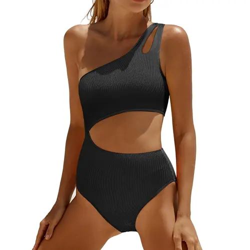 Yonique Cutout One Piece Swimsuit Women - One Shoulder Bathing Suit Ribbed Swimwear Monokini