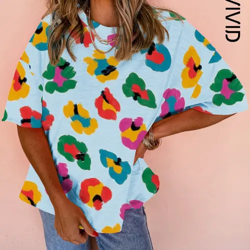 Women's Casual Floral Print Drop Shoulder Oversized T-Shirt, Round Neck Loose Fit Top for Summer, Ladies Casual Clothes Tee, Casual Everyday Tops