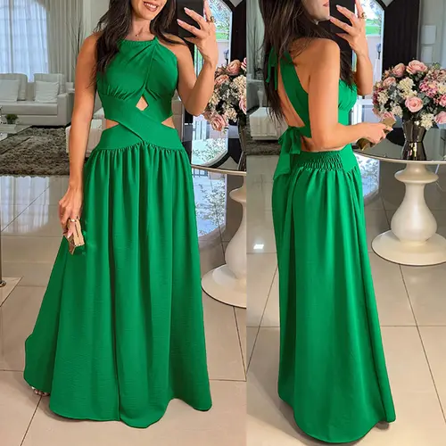 CHICME Women Halter Sleeveless Flared Evening Dress Criss Cross Tied Detail Shirred Wedding Guest Dress