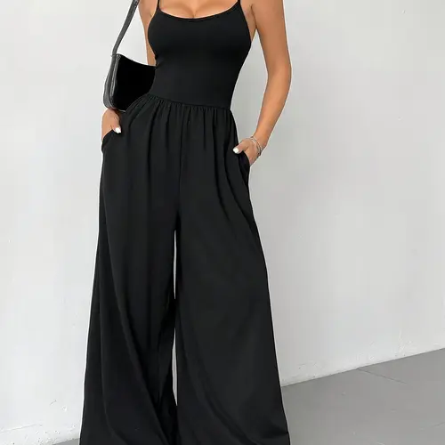 Women's Solid Wide Leg Minimalist Fit Jumpsuit, Casual Comfy Backless Sleeveless Spaghetti Strap Cami Jumpsuit for Daily Wear, Casual Fashion Jumpsuit, Ladies Clothes for All Seasons, Womenswear