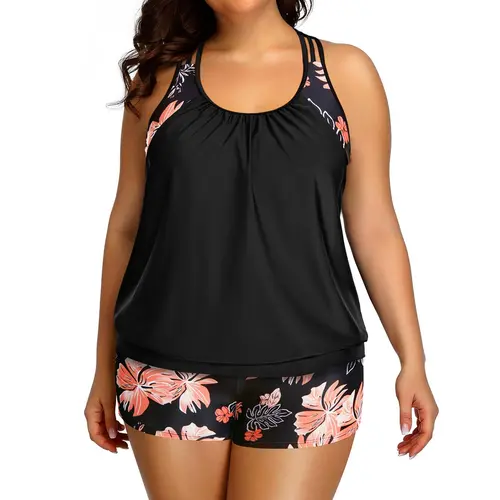Holipick Floral Plus Size Tankini Swimsuit for Women Two Piece Tummy Control Bathing Suit Blouson Racerback Tankini Top with Shorts