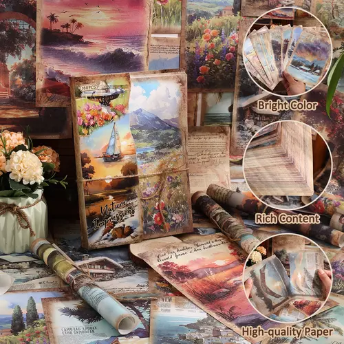 Nature Theme Non-Adhesive Craft Paper Pack, 160 Sheets, 14cm x 20cm Large Size, Vintage Scenery Design, Scrapbook Supplies with Embellishment, DIY Layout Freedom & Easy Page Attachment for Art Craft Planners Journals