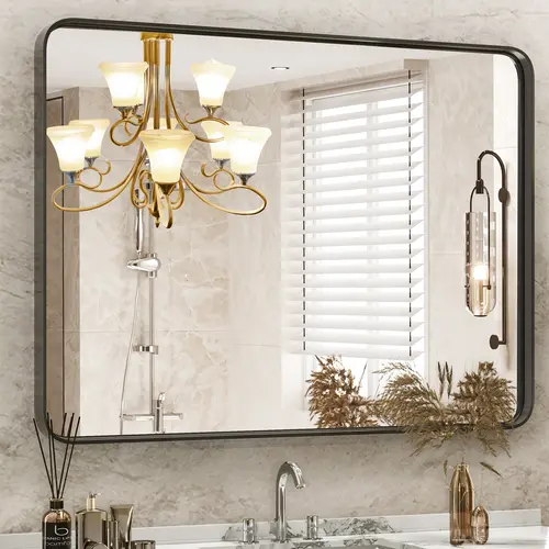 Modern HD Glass Bathroom Mirror - Black Anti-Rust Metal Framed Rounded Corner Rectangle, 30x22 Indoor Large Wall-Mounted Waterproof Home Improvement Fixture, 30X22 Size