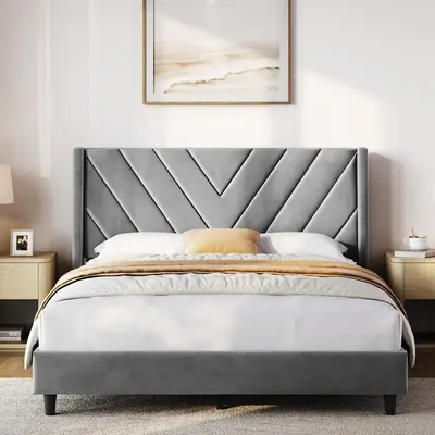 Yaheetech Full Size/Queen Platform Bed Frame - Modern Wooden Wingback Upholstered Diamond Tufted Headboard, Wooden Slat Support, No Box Spring Needed, Durable Construction, Easy Assembly, Modern Wooden Headboard