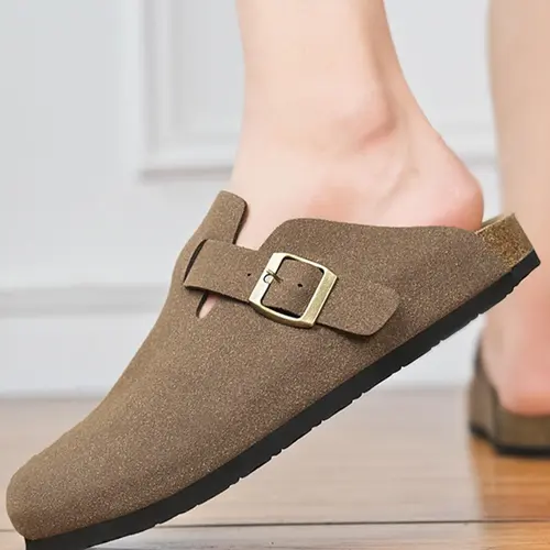 Unisex Cork Heel Clogs, Mules Clogs, Breathable Lightweight Clogs, Casual Comfortable Suede Fashion Slippers with Adjustable Buttons, Outdoor Slip-ons and Walking Shoes, Footwear, Flat Shoes, Minimalist Clogs