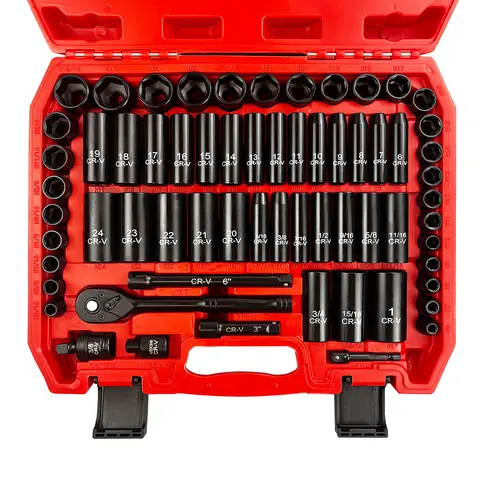 64-Piece SAE/Metric Socket Wrench Set, Cr-V Steel 6-Point Deep & Shallow Sockets, 6-24mm & 5/16-1" Sizes, Adapters, 72T Handle, SAE Metric Tools, Socket Wrenches, Drive Sockets, Socket Combination Tool