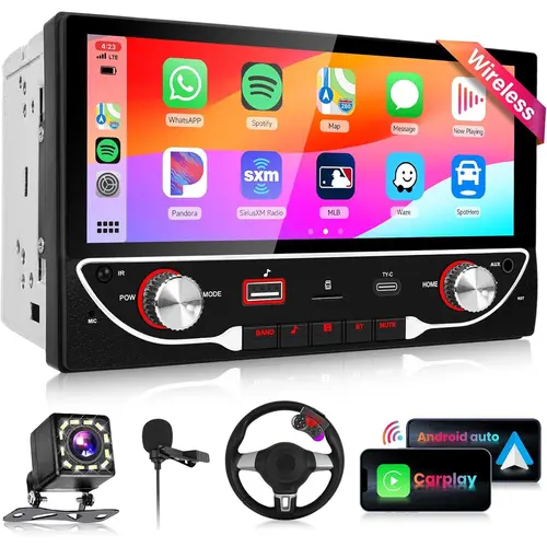Upgrade Double Din Carplay Car Stereo with Wireless Android Auto Bluetooth 5.1, 6.86 inch Touchscreen Car Radio with MirrorLink, FM Radio,USB-A,USB-C for Fast Charging,Backup Camera,SWC,SummerVibes,toolupgrade