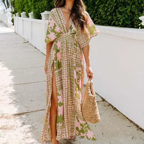 Women's Floral Print Deep V-Neck Split Hem Loose Dress, Elegant Bohemian Aesthetic Chic Casual Wear for Summer, Ladies Clothes for Beach Vacation, Casual Boho Dress
