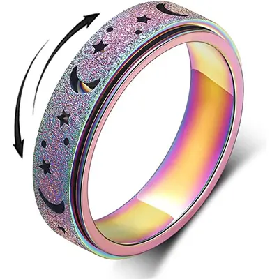 GGIRL Stainless Steel Fidget Rings for Anxiety for Women Men Charm Frosted Moon Star Spinner Ring 6mm Multi-colour Ring Thumb Ring Size 6-12 Stress Relieving Elegant Design Durable Material,Ideal Creative Daily Jewelry Gift
