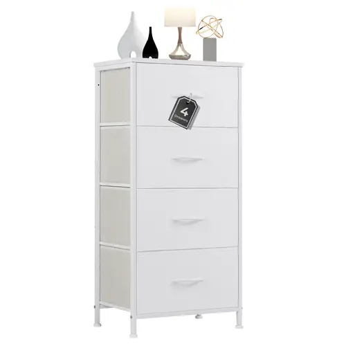 4-Drawer Skinny Fabric Dresser for Bedroom - Sturdy Modern Steel Frame Clothes Drawers Storage Cabinet, Wipes Clean Fast, Includes Assembly Tools & Accessories, Shelf for Lamps