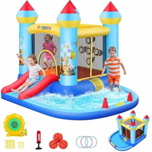 AKEYDIY Kids Inflatable Bounce House - Jungle Animal Print Themed Playground Equipment with 370W Blower Power, Slide, Ball Pit, Ring Toss, 840D+420D Oxford Fabric, Easy Setup, Durable Safe Design, All-Season Outdoor Play, Holiday Kid Gift