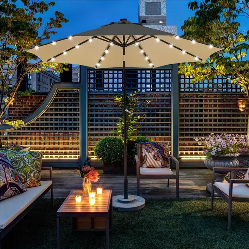 Yaheetech Round Outdoor Umbrellas (7.5/9/10FT) - Solar Market Style with 6/8 Ribs, Adjustable Tilt Canopy, Crank Lift, Polyester Fabric - Romantic Shade for Garden, Backyard