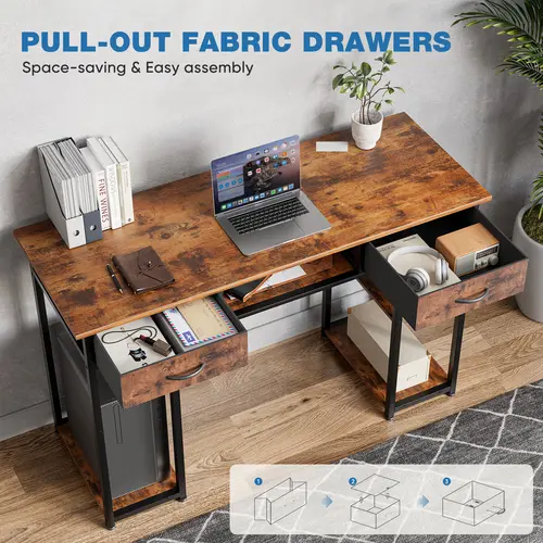 Modern Flat-Back Home Office Computer Desk - Rectangular Top Multi-Compartment Desk & Workstation with Storage Space, Drawers, Fabric Side Bag, Headphone Hook, Metal Frame, Adjustable Feet, Requires Setup (Standard Unit Included) Office Furniture