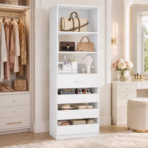 Cyclysio 21.3" W Engineered Wood Freestanding Clothes Storage Cabinet - Drawer Dresser with 3 Open Drawers, Open Shelves (Help Fabrics Stay Aired), Boutique Bag Display Stand, Stable Anti-Tip Safety for Room Organization