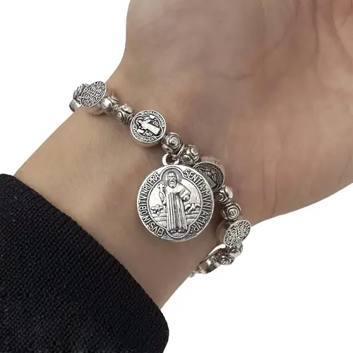 Basic Saint Benedict Charm Bracelet, Unisex Zinc Alloy Bead Chain, Inspirational Religious Wristband for Stacking and Pairing, Daily Wear, Rosary Charm, 8.26In