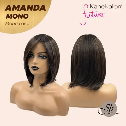JBEXTENSION AMANDA MONO Full Monofilament Handmade Full Lace Full Hand Tied Wig 10 Inches Black With Caramel Highlight Mono Lace Handmade Futura Fiber Wig Glueless Wig AMANDA MONO【BENDY EAR TABS】