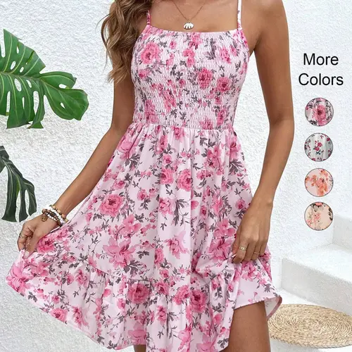 Women's Summer Fashion Floral Print Spaghetti Strap Dress, Elegant Slim-Fitting Flowing Romantic Dress, Boho Chic Casual Dress, Casual Bohemian Sleeveless