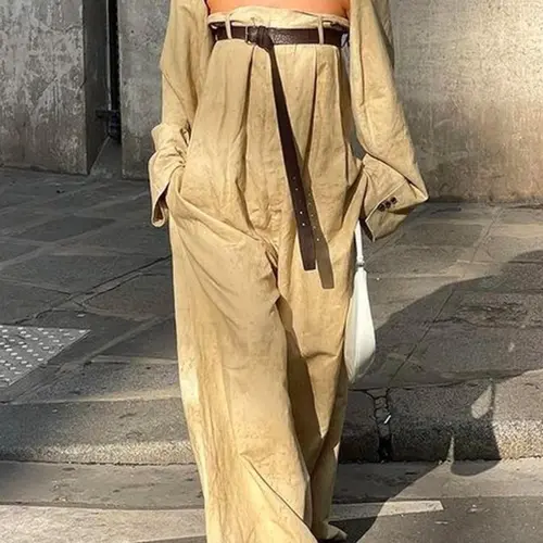 Women's Solid Fitted Coat & Jumpsuit with Belt Set, Casual Chic Long Sleeve Coat & Jumpsuit, Ladies Clothes Outfit for All Seasons, Casual Comfy Jumpsuit
