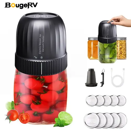 BougeRV Electric Vacuum Sealing Machine (Kitchen Appliances) – 75kPa Strong Suck, Compact Jar Vacuum Sealer with 7 Free Accessories, Auto-Stop for Wide & Regular-Mouth Mason Jars, Food Storage Canning Supplies