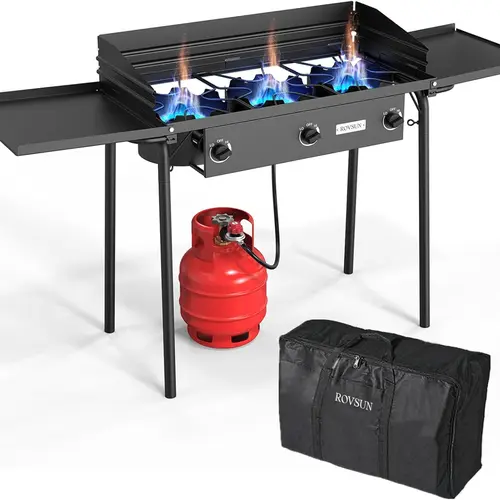 ROVSUN Ultra-Portable 2-3 Burner Propane Gas Stove - CSA Listed Regulator, Windscreen, Side Shelf, Extra Carrying Bag - 150000/225000BTU Outdoor Cooking Stove for Hiking/Light Outdoor, Camping