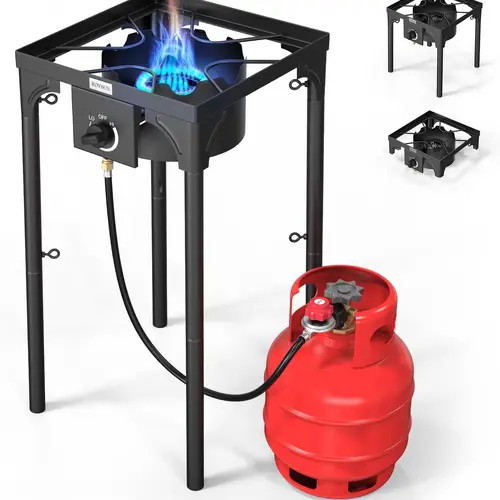 ROVSUN 100,000 BTU Portable Gas Stove - Single Burner Camping Gear with Detachable Legs, Side Shelf, Carrying Bag, 20psi Regulator, Front Knob Fine-Tunes Heat, Sturdy Construction for Outdoor Use, Home Brewing