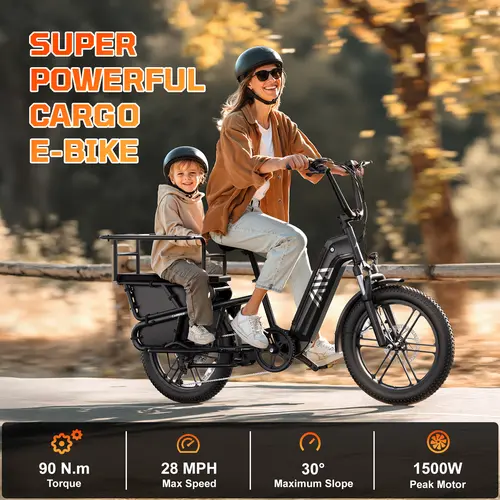 Summervibes TST Carrier Adult Electric Cargo Bike - 1300W/90Nm Tuned Rear Hub Motor, 28 mph Speed, 48V/15AH Battery, 60-80 Mi Max Range, 20x3" Fat Tyres, 7-Speed, LCD Display, Alloy Frame, Lightweight Safe for Commute Ride