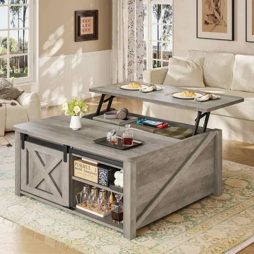 Sikaic 31.5" Lift Top Coffee Table with Storage, Farmhouse Square Coffee Table with Large Hidden Storage Compartment, Adjustable Shelves, Center Table for Living Room, Grey, Home Furniture Christmas Gifts [SohoChic]