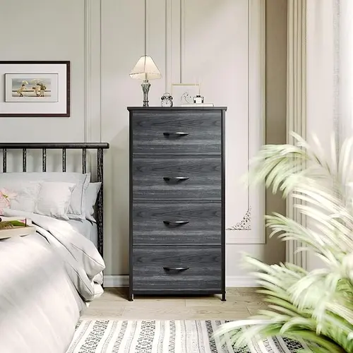 DWVO Dresser with 4 Drawers - Fabric Storage Tower, Organizer Unit for Bedroom, Hallway, Closets - Sturdy Steel Frame, Wooden Top & Easy Pull Fabric Bins