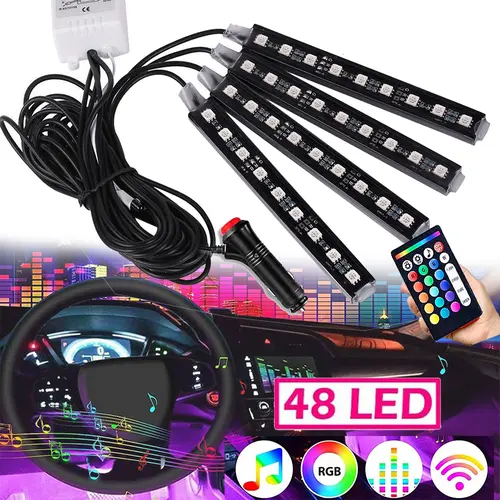 Car LED Strip Light, CAR 4pcs 36 LED Multi-Color Car Interior Lights Under Dash Lighting Waterproof Kit with Multi-Mode Change and Remote Control, Car Charger Included,DC 12V