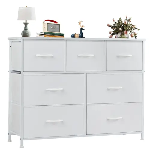 7-Drawer Fabric Bin Organizer Dresser with Wood Top - Modern Space-Saving Metal & Wood Home Storage Cabinet, Single Unit Furniture for Bedroom Closet Organization