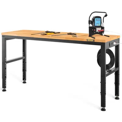 【Father's Day】VEVOR Workbench Adjustable Height, 48\" L X 20\" W X 38.1\" H Garage Table with 28.3\" - 38.1\" Heights & 2000 LBS Load Capacity, with Power Outlets & Hardwood Top & Metal Frame & Foot Pads, for Offic