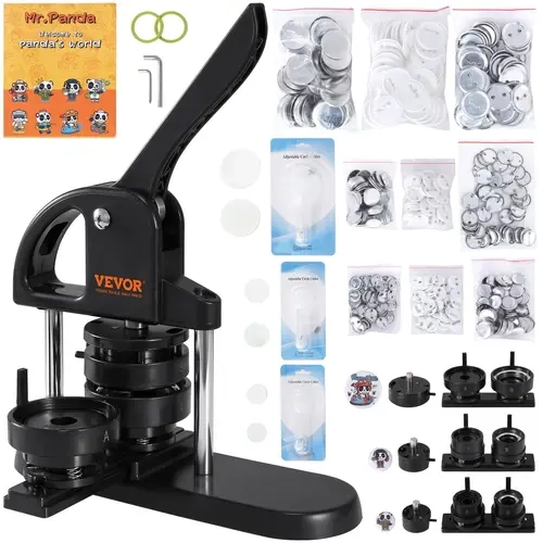 【Back to School】VEVOR Badge Maker Machine, 3-in-1 Plastic Button Maker for Crafts & Handmade Crafts Making (25/32/58mm/1/1.25/2.28in), Ergonomic Arc Handle Punch Press Kit with 300pcs Button Parts & Panda Magic Book, Kids' DIY Gift