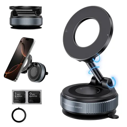 2026 Upgraded Magnetic Phone Holder,Unpowered Version 360° Rotatable Adjustable and Foldable Magnetic & Vacuum Adsorption Car Holder, No Noise for iPhone & Android