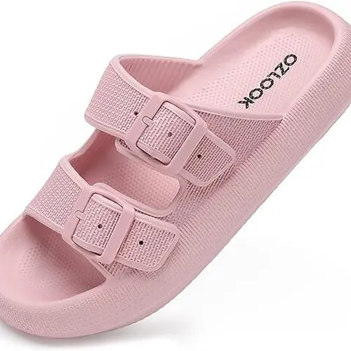 Women's Solid Double Buckle Slides - Pillow Cushioned Thick-Sole Adjustable Home Slippers, All Seasons Bathroom Footwear, Slippers for Women