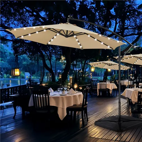 【Yaheetech 10FT Adjustable Single Pole Solar Patio Parasol】Solar-Powered LED Canopies & Shade with 32 LEDs, Handy Crank, Cross Base for Outdoor Lawn, Deck, Solar Parasol