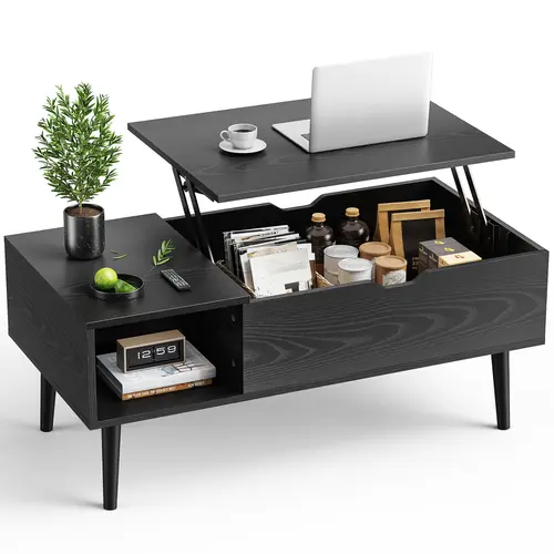 Sweetcrispy Lift Top Solid Wood Coffee Table - Height Adjustable Indoor Furniture, Simple Style Fits Decor Living Room Centerpiece with Storage Shelf and Hidden Storage for Dining Use