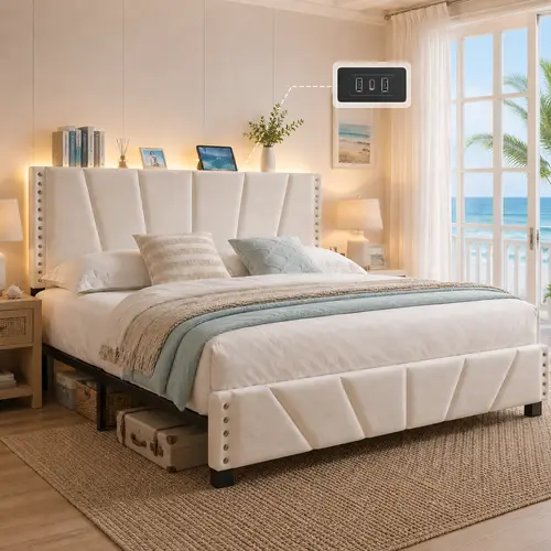 Raybee Upholstered Platform Bed Frame with LED Lights, Built-in USB & Power Outlet, Storage Headboard & 9.8" Under Bed Space, Noise-Free Metal Frame Holds 881LBS, No Box Spring Needed, Easy Assembly for Apartment, Bedroom, Dorms. #tiktokshopsummersale