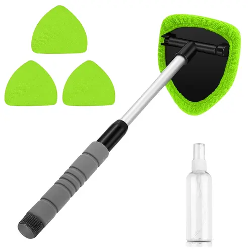 Bonison Windshield Cleaner Kit, Extendable Aluminum Alloy Handle Car Screen Cleaner with 180° Swivel Triangular Head, 3 Pcs Reusable Microfiber Pads, Automotive Car Washing Maintenance Accessory