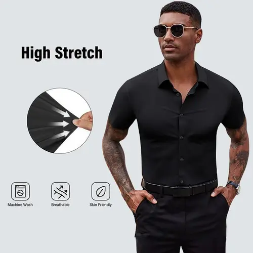 Royaura Men's Slim-Fit Short-Sleeve Button-Down Shirt - 4-Way Stretch Fabric, Wrinkle-Free, Moisture-Wicking Men's Clothing for Business, M Size, Coverage, Valentine's Day Gift Top