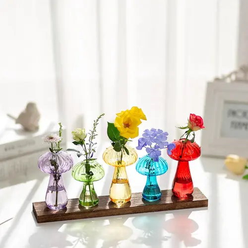 Nuptio 5-Piece Colored Translucent Glass Mushroom Bud Vases with Sturdy Wooden Tray, Decorative Home Supplies for Plant Propagation & Home Decoration