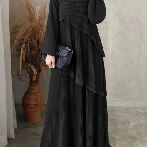 Women's Plain Tiered Layer Bishop Sleeve, Casual Long Sleeve Round Neck Modest Fashionable Style Dress for Daily Wear, Ladies Clothes for All Seasons, Long Sleeve Dresses