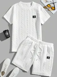 Men's Solid Textured Patched Tee & Drawstring Waist Shorts Set, Regular Fit Casual Round Neck Short Sleeve T-shirt & Pocket Shorts, Men's Summer Clothes