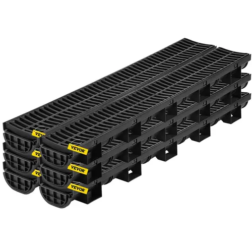 【Summerfinds】VEVOR Trench Drain System, Channel Drain with Plastic Grate, 5.8x3.1-Inch HDPE Drainage Trench, Black Plastic Garage Floor Drain, 6x39 Trench Drain Grate, with 6 End Caps, for Garden, Driveway-6 Pack