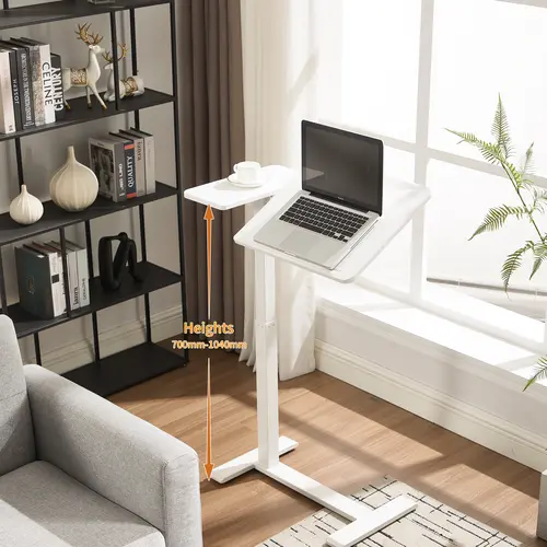 ANBUY Adjustable Height Mobile Bedside Table with Flipable Desktop, Pneumatic Lift Desk Cart with Wheels, H-Shaped Base Keeps the Table Steady, 26.65in Wide Work Surface, Flip-to-Desk Mode, Portable Computer Workstation for Home & Hospital Use