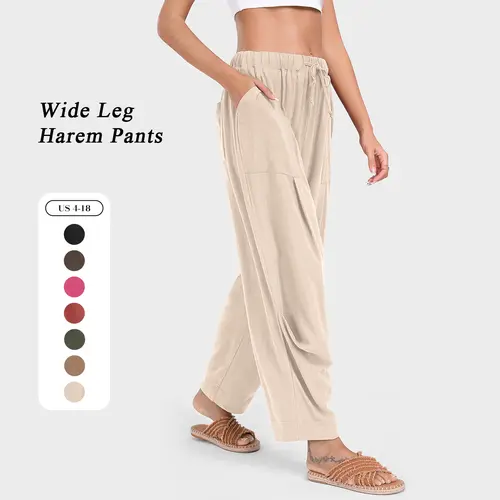 TARSE Women Boho Linen Blend Wide Leg Harem Pants Casual Drawstring Loose Trousers with Pockets Vacation Travel Baggy Minimalist Barrel Work Pants